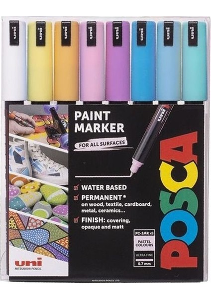 Uni Posca Pc-1mr 0.7 Su Bazlı Boyama Markörü Seti 8 Renk Pastel Renkler