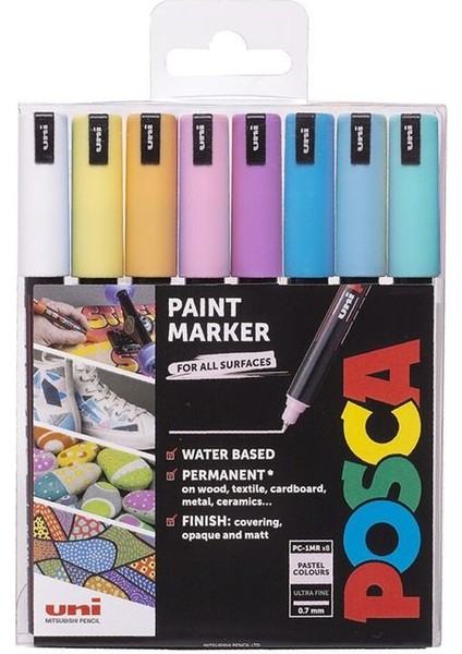 Uni Posca Pc-1mr 0.7 Su Bazlı Boyama Markörü Seti 8 Renk Pastel Renkler