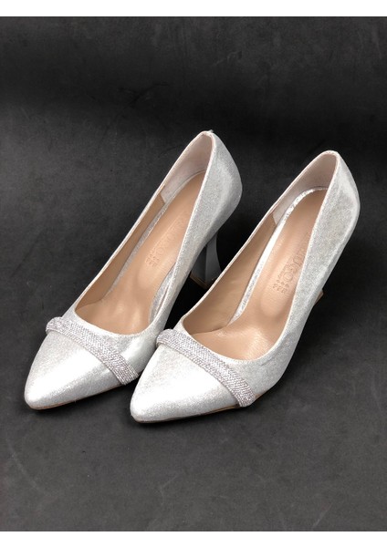 Kadeh Topuk Taş Işlemeli Simli 10 Cm. Topuklu Bayan Stiletto Ayakkabı