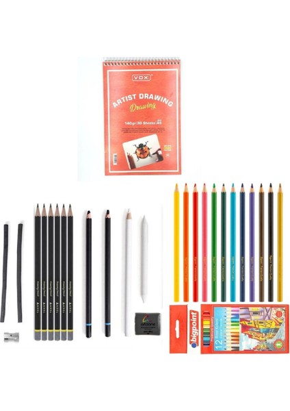 Eskiz Set 27 Parça Set 8 + Dereceli Kalem + Kuru Boya + A5 Defter + Hamur Silgi + Kömür + Füzen