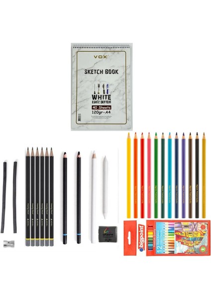 Eskiz Set 27 Parça Set 9 + Dereceli Kalem + Kuru Boya + A5 Defter + Hamur Silgi + Kömür + Füzen