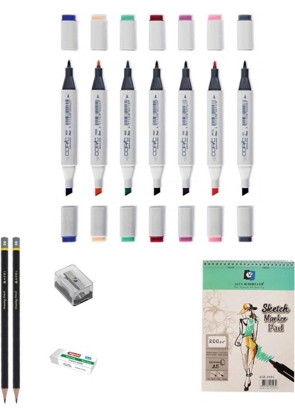 Marker Kalem Çizim Seti 3 + 8'li Maker Set + A5 Defter + Derceli Kalem