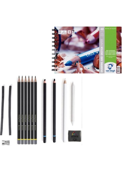 Eskiz Seti 15 Parça Set 2 + Dereceli Kalem + A5 Defter + Hamur Silgi + Kömür + Kömür Kalemi + Füzen