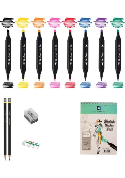 Marker Kalem Çizim Seti 1 + Marker Defteri + Dereceli Kalem + Silgi + Açacak