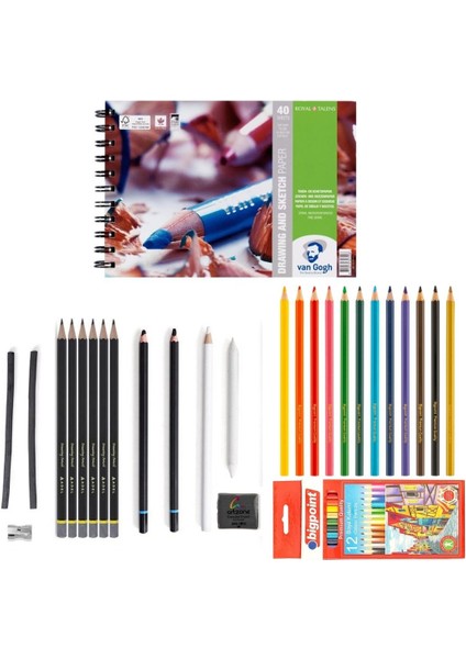 Eskiz Set 27 Parça Set 2 + Dereceli Kalem + Kuru Boya + A5 Defter + Hamur Silgi + Kömür + Füzen