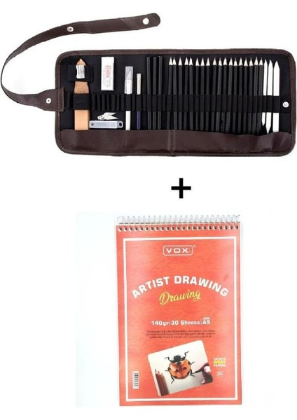 25 Parça Eskiz Dereceli Kalem Seti ve Rulo Kalemlik ve A5 Defter Set 8