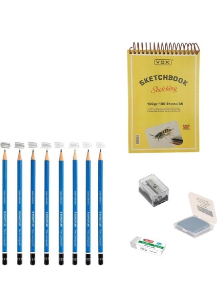 Eskiz Başlangıç Seti 4 + Dereceli Kalem + A5 Defter + Dağıtıcı Set + Silgi + Açacak + Hamur Silgi