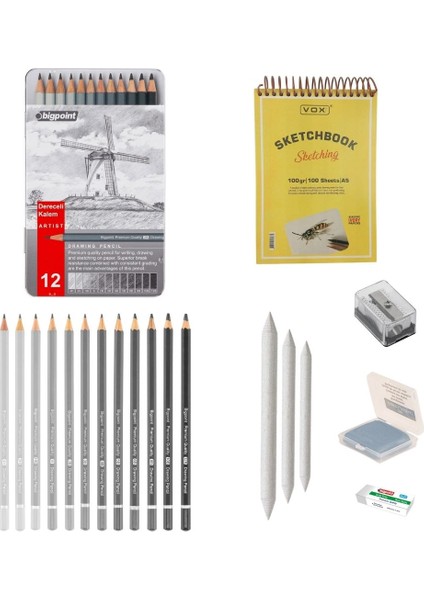Eskiz Başlangıç Seti 5 + Dereceli Kalem + A5 Defter + Dağıtıcı Set + Silgi + Açacak + Hamur Silgi