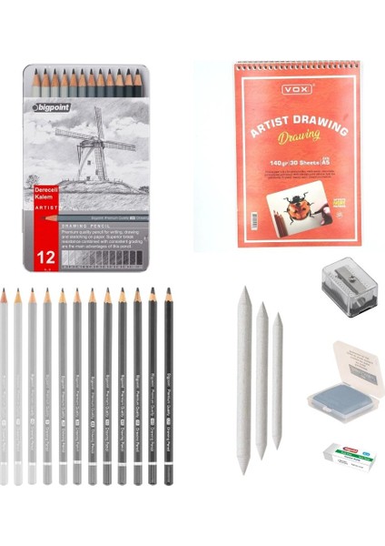 Eskiz Başlangıç Seti 8 + Dereceli Kalem + A5 Defter + Dağıtıcı Set + Silgi + Açacak + Hamur Silgi
