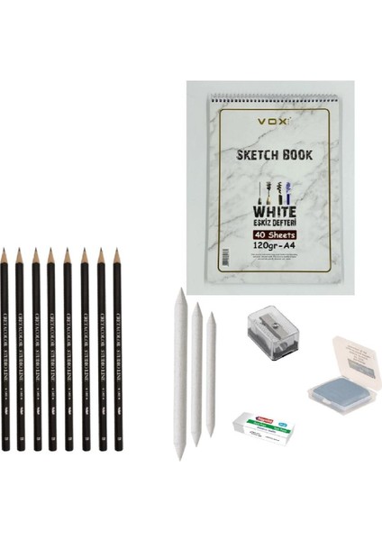 Eskiz Başlangıç Seti 8 + Dereceli Kalem + A5 Defter + Dağıtıcı Set + Silgi + Açacak + Hamur Silgi