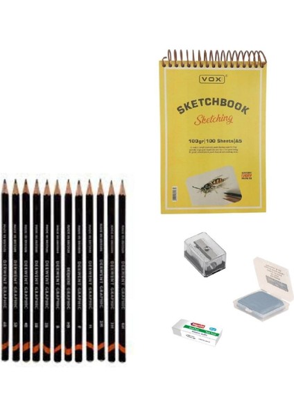 Eskiz Başlangıç Seti 9 + Dereceli Kalem + A5 Defter + Dağıtıcı Set + Silgi + Açacak + Hamur Silgi