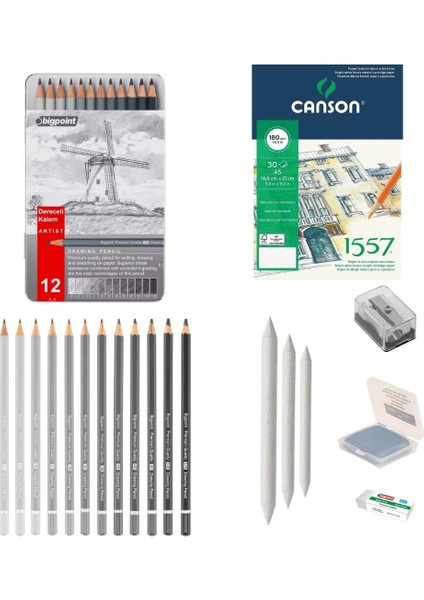 Eskiz Başlangıç Seti 10 + Dereceli Kalem + A5 Defter + Dağıtıcı Set + Silgi + Açacak + Hamur Silgi