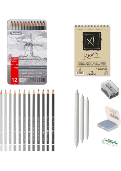 Eskiz Başlangıç Seti 6 + Dereceli Kalem + A5 Defter + Dağıtıcı Set + Silgi + Açacak + Hamur Silgi