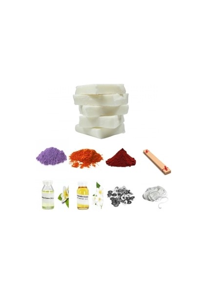 Soya Wax Başlangıç Mum Yapım Seti-5, Mor-Turuncu-Kirmizi Mum Boyası- Vanilya ve Yasemin Esansı