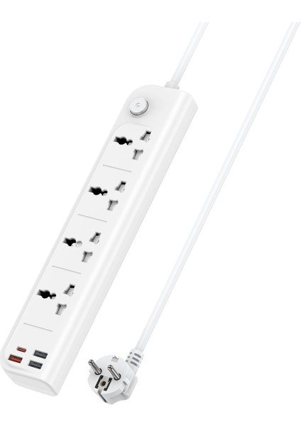 Priz Power Strip 8in1 3 Adet USB 1 Adet Type-C ve 4 Adet Priz Dönüştürücü 2m - Beyaz