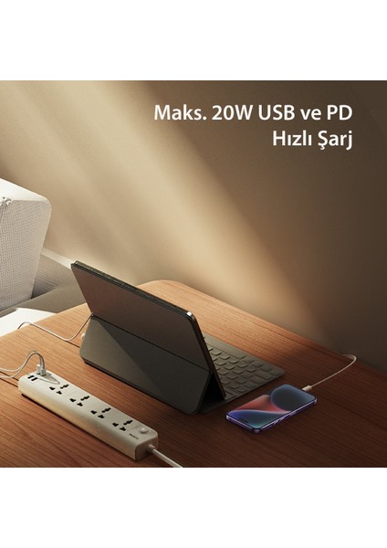 Priz Power Strip 8in1 3 Adet USB 1 Adet Type-C ve 4 Adet Priz Dönüştürücü 2m - Beyaz