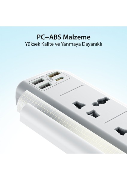 Priz Power Strip 8in1 3 Adet USB 1 Adet Type-C ve 4 Adet Priz Dönüştürücü 2m - Beyaz