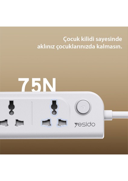 Priz Power Strip 8in1 3 Adet USB 1 Adet Type-C ve 4 Adet Priz Dönüştürücü 2m - Beyaz
