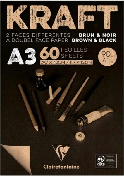 Kraft Brown/black 90GR (Kahverengi/siyah) Çok Amaçlı Resim Blok 60 Sayfa A3 (29.7X42CM)