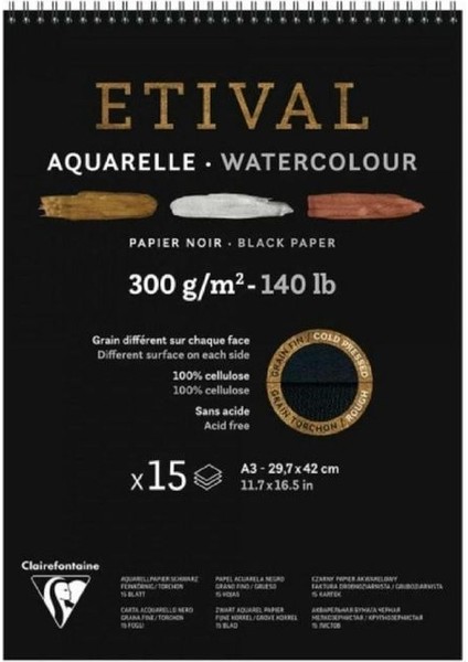 Etival Cold Pressed 300GR Siyah Spiralli Sulu Boya Blok 15 Sayfa A3 (29.7X42CM)