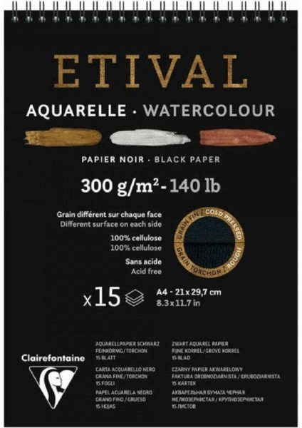 Etival Cold Pressed 300GR Siyah Spiralli Sulu Boya Blok 15 Sayfa A4 (21X29.7CM)