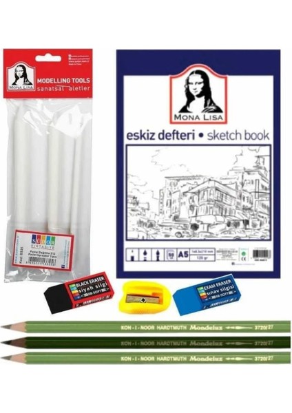 Monalisa Eskiz Seti A5 10 Parça + Defter + Kurşun Kalem Seti + Sigli + 1 Paket Pastel Dağıtma 3'lü