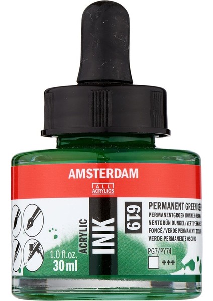 Amsterdam Akrilik Mürekkep : Acrylic Ink : 30ML : Permanent Green Deep 619