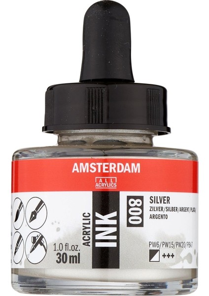 Amsterdam Akrilik Mürekkep : Acrylic Ink : 30ML : Silver 800