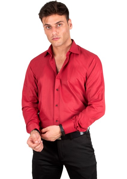 Dik Yaka Slim Fit Kesim Pamuk Saten Erkek Gömlek 2209615