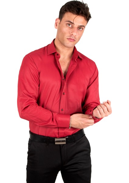 Dik Yaka Slim Fit Kesim Pamuk Saten Erkek Gömlek 2209615 fiyatları