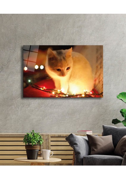 Eliza Home Beyaz Kedi ve Sarı Işık Cam Tablo Yellow Cat And Lights fiyatları