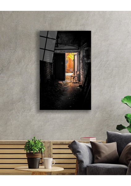 Eliza Home Siyah Beyaz Eski Kapı Görselli Dikey Cam Tablo