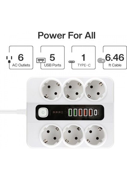 H-04 Akıllı Priz 3000W 10 Amper 6 Lı Priz 2 Metre Çoklu Priz 4 USB 2 Type C Pd Girişli Hızlı Şarj Istasyonu