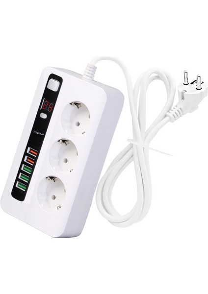 H-03 Üçlü Priz 5 USB Portlu Akım Korumalı 2500W On/off Düğmeli 2 Metre Uzatma Kablolu 3'lü Priz
