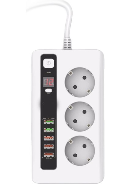 H-03 Üçlü Priz 5 USB Portlu Akım Korumalı 2500W On/off Düğmeli 2 Metre Uzatma Kablolu 3'lü Priz
