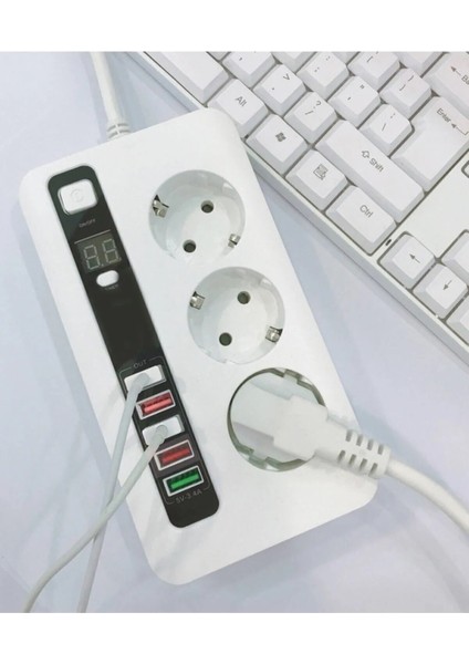 H-03 Üçlü Priz 5 USB Portlu Akım Korumalı 2500W On/off Düğmeli 2 Metre Uzatma Kablolu 3'lü Priz