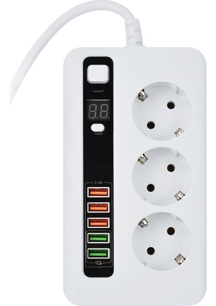 H-03 Üçlü Priz 5 USB Portlu Akım Korumalı 2500W On/off Düğmeli 2 Metre Uzatma Kablolu 3'lü Priz