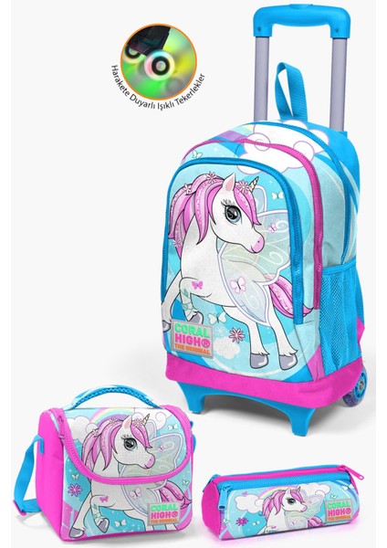 Kids Mavi Neon Pembe Unicorn Desenli Çekçekli 3’lü Okul Çanta Seti SET0123911