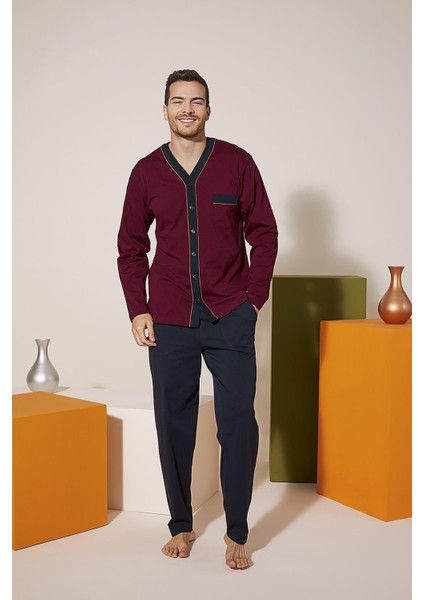 9217 Erkek V Yaka Boydan Düğmeli Pijama Takım