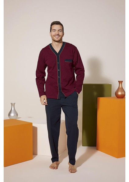 9217 Erkek V Yaka Boydan Düğmeli Pijama Takım