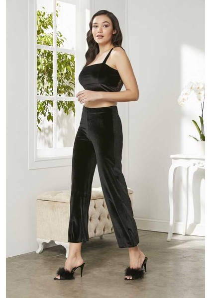 2050 Dantelli Kadife Saten 3'lü Croplu Pijama Takımı