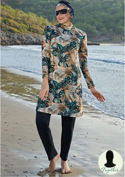 23130-3 Kadın Büyük Beden Çift Boneli Balıkçı Yaka Lycra Kumaş Tam Tesettür Mayo