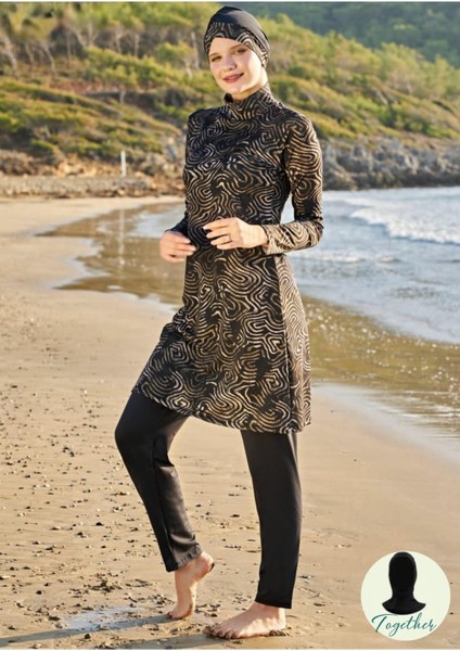 23130-1 Kadın Büyük Beden Çift Boneli Balıkçı Yaka Lycra Kumaş Tam Tesettür Mayo