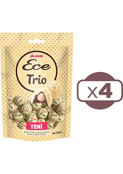 Ece Trio Bütün Fındıklı Beyaz ve Sütlü Çikolata 300 gr 4'lü