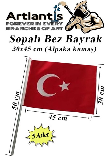 Sopalı Bez Bayrak 30X45 cm 5 Adet Saplı Bayrak Ay Yıldız Plastik Çıtalı 30*45 Bez Bayrak Mill Bayram Kutlama