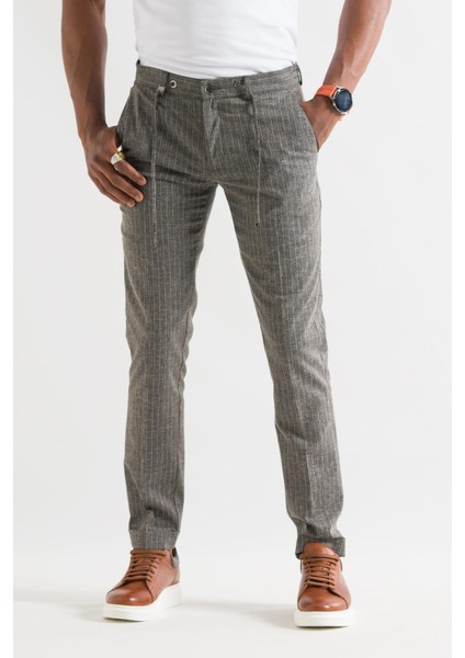 Slimfit Çizgili Beli Lastikli Iplikli Yazlık Ince Linen Kumaş Duble Paça Erkek Keten Pantolon modelleri