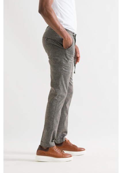 Slimfit Çizgili Beli Lastikli Iplikli Yazlık Ince Linen Kumaş Duble Paça Erkek Keten Pantolon fırsatları