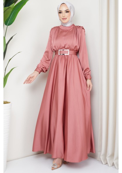 Gül Kurusu Omuz Drapeli Saten Abiye