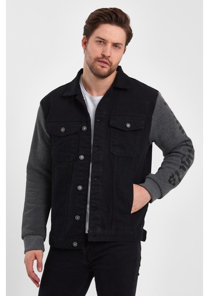 Baskılı Rahat Kalıp Denim Penye Kol Kot Mont Siyah Siyah