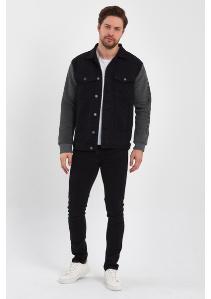 Baskılı Rahat Kalıp Denim Penye Kol Kot Mont Siyah Siyah fırsatları